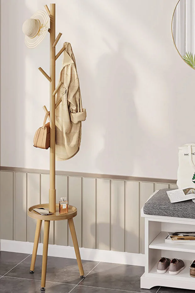 Bambu Portmanto Askılık Vestiyer Tablalı 8'li Ayaklı Askılık Ahşap Elbise Askısı